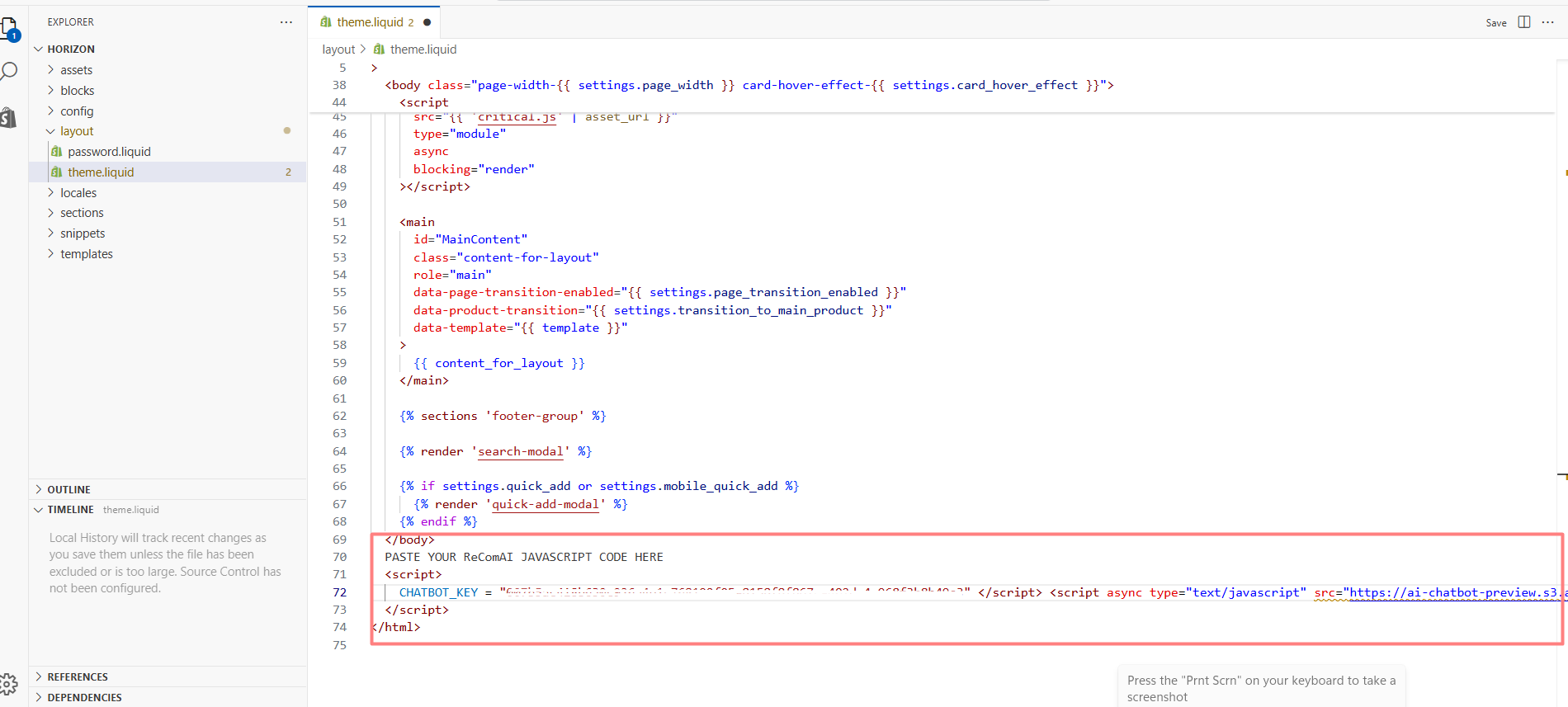 Open the theme.liquid file located in the Layout folder, and...