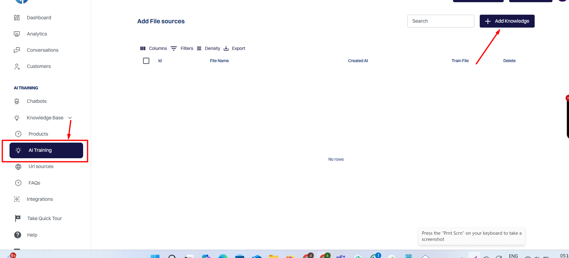 Click on the + Add Knowledge