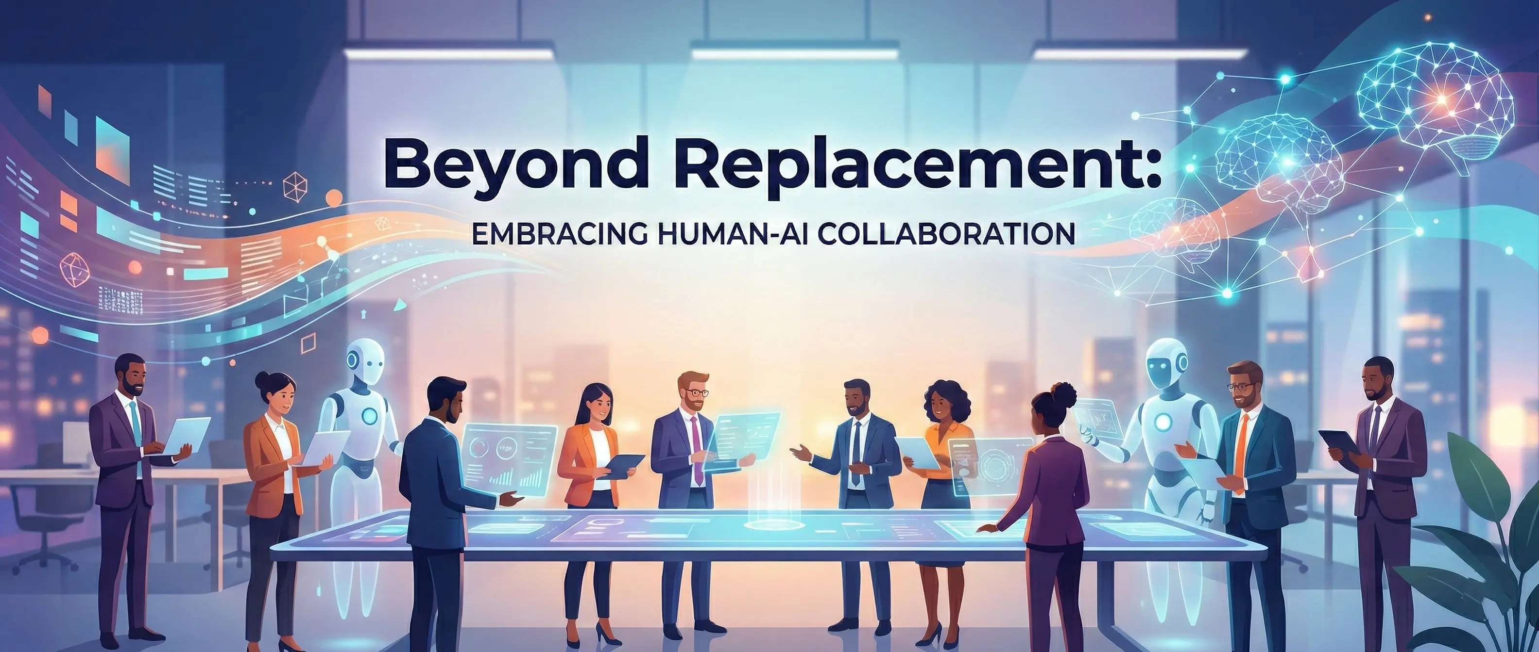A futuristic and conceptual collaborative office banner with the text 'Beyond Replacement:' and 'EMBRACING HUMAN-AI COLLABORATION'. A diverse team of professional business people and several bipedal AI robots or agents work together around a large, interactive holographic data table in a modern, well-lit office environment. The scene depicts a vision of teamwork and integration, with glowing neural network diagrams and floating data visualizations in the background.