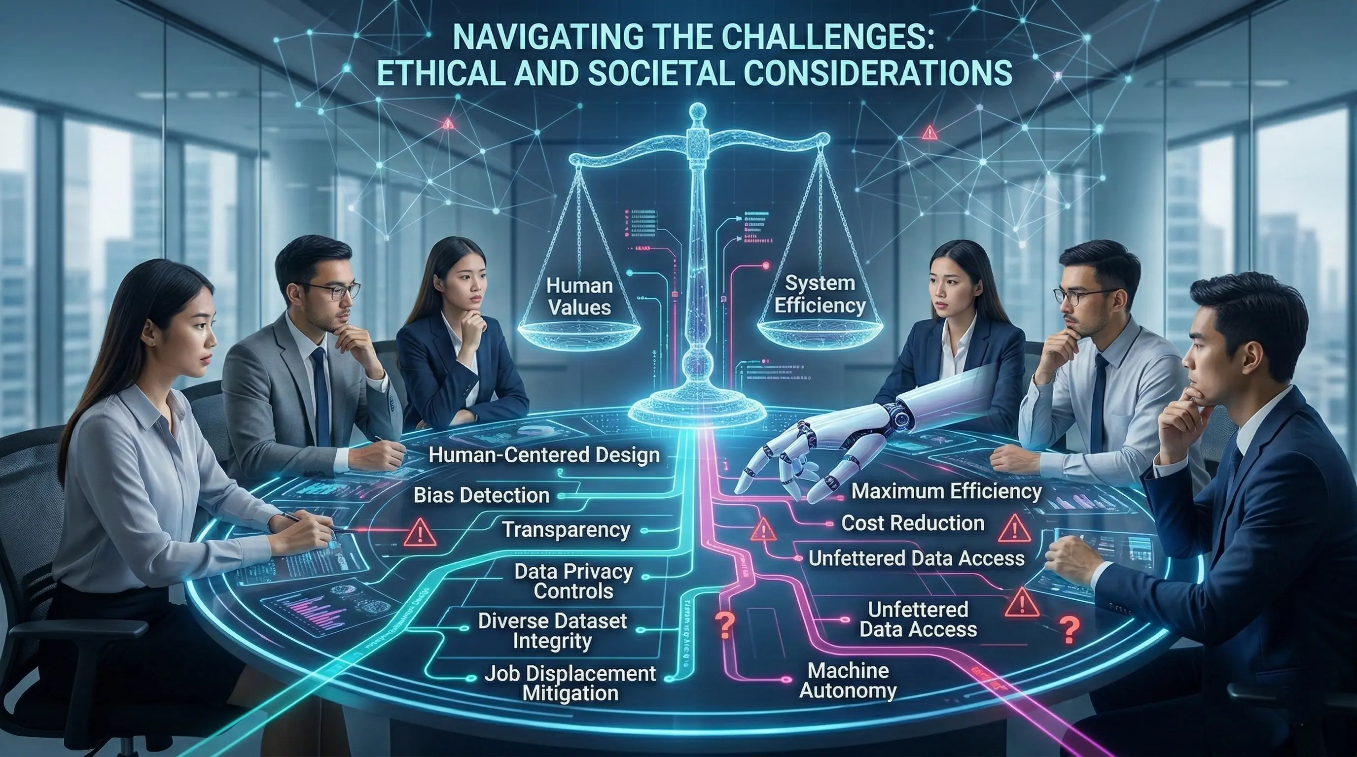 A group of professionals in a boardroom discussing AI ethics around a digital round table featuring a glowing holographic scale balancing "Human Values" and "System Efficiency," with data points for bias detection, transparency, and data privacy