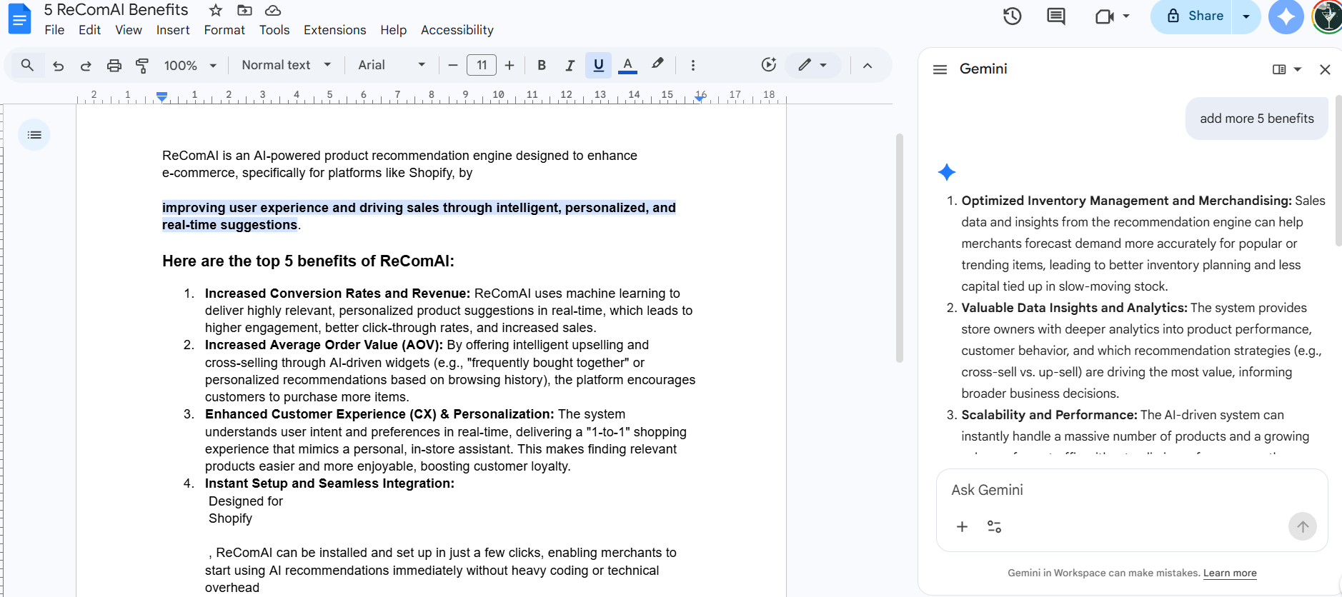 Google Docs AI writing feature for content creation and drafting using Gemini for Workspace 