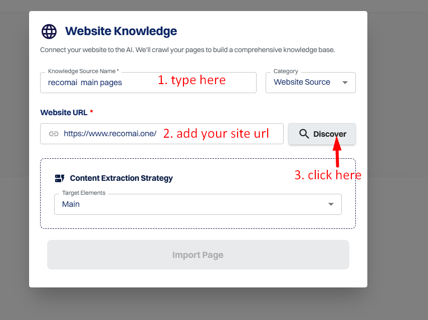 Enter your Knowledge Source Name and Website URL