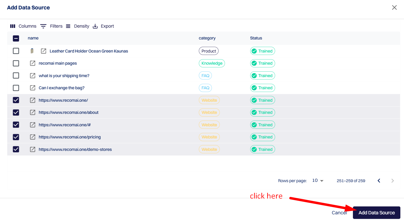 select the trained website urls and click "Add Data Source" button