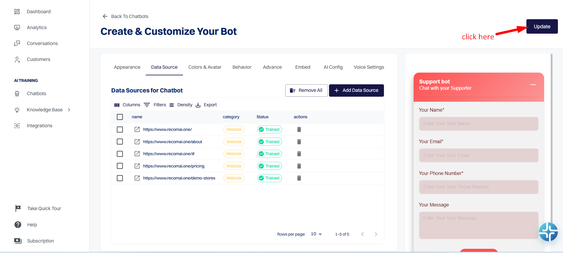 now clcik on update button to add the trained website urls to the knowledge base