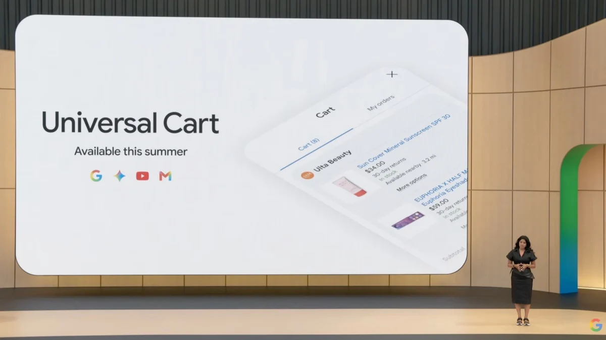 Google Universal Cart AI-powered shopping hub working across Search, Gemini app, YouTube and Gmail with deal tracking and smart checkout at Google I/O 2026