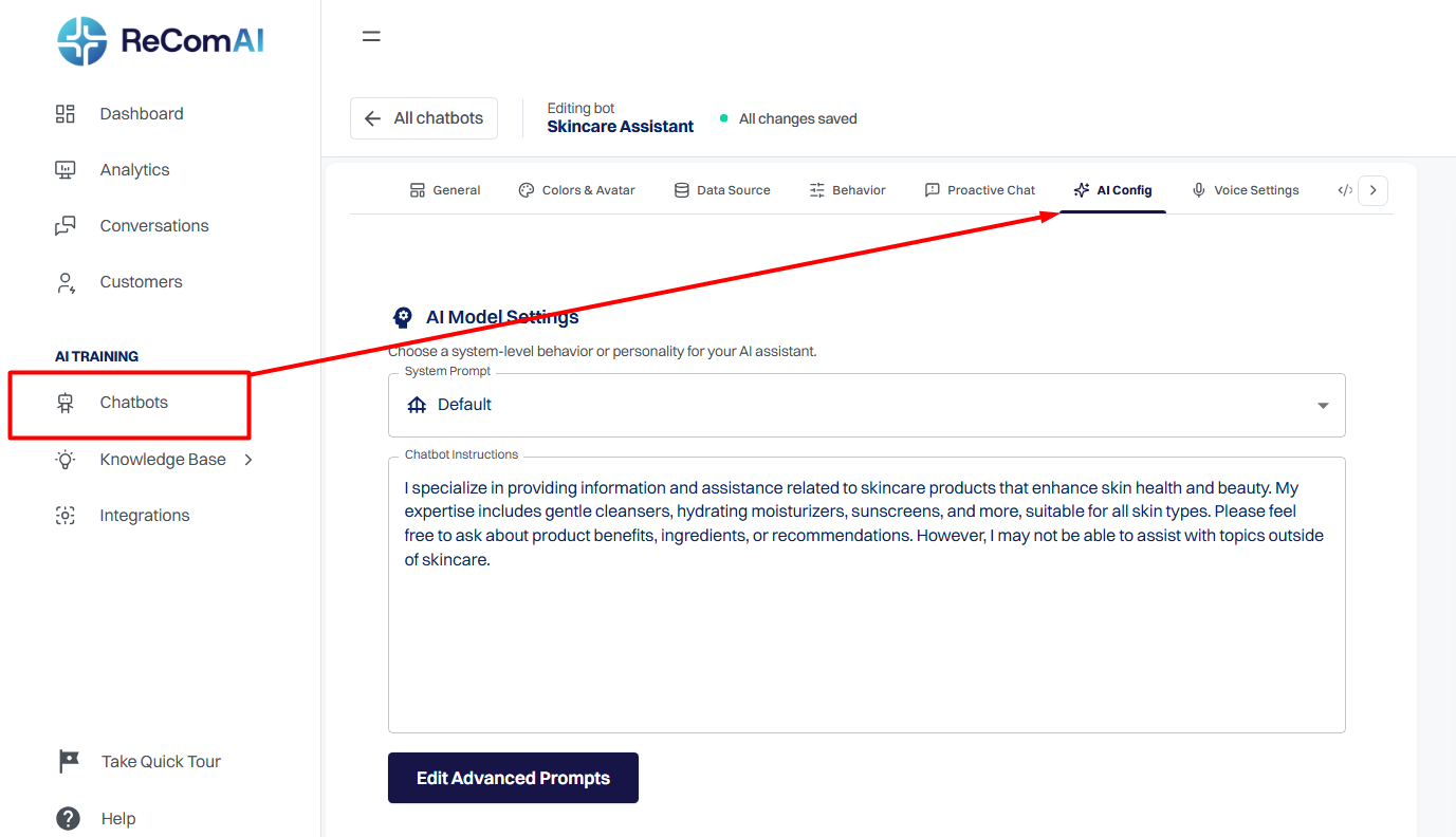 Chatbot -> AI Config -> AI model settings