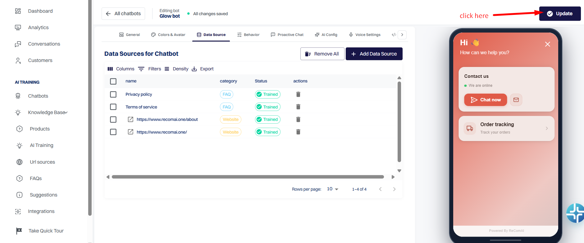 now clcik on update button to add the trained website urls to the knowledge base