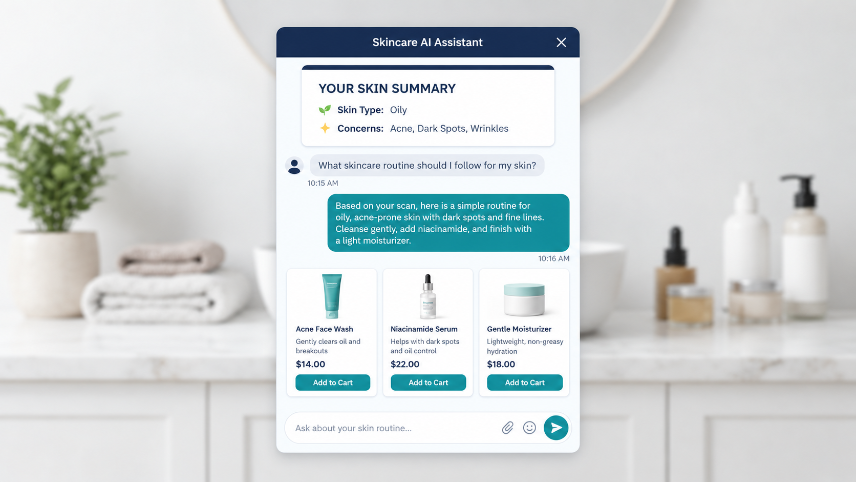 AI chatbot answering a shopper's skincare questions after a skin analysis
