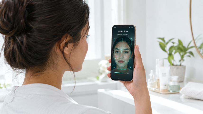 Shopper taking an AI skin analysis scan on a skincare website
